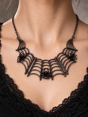 Gothic Spiderweb Spider Statement Necklace Hinged Gunmetal Claire’s